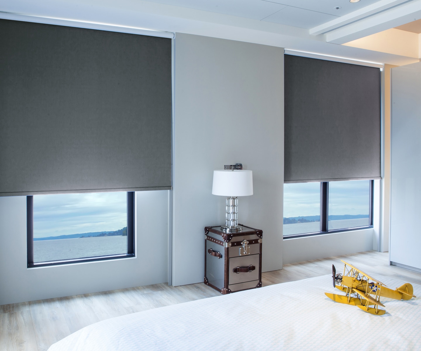 Modern room with roller blinds